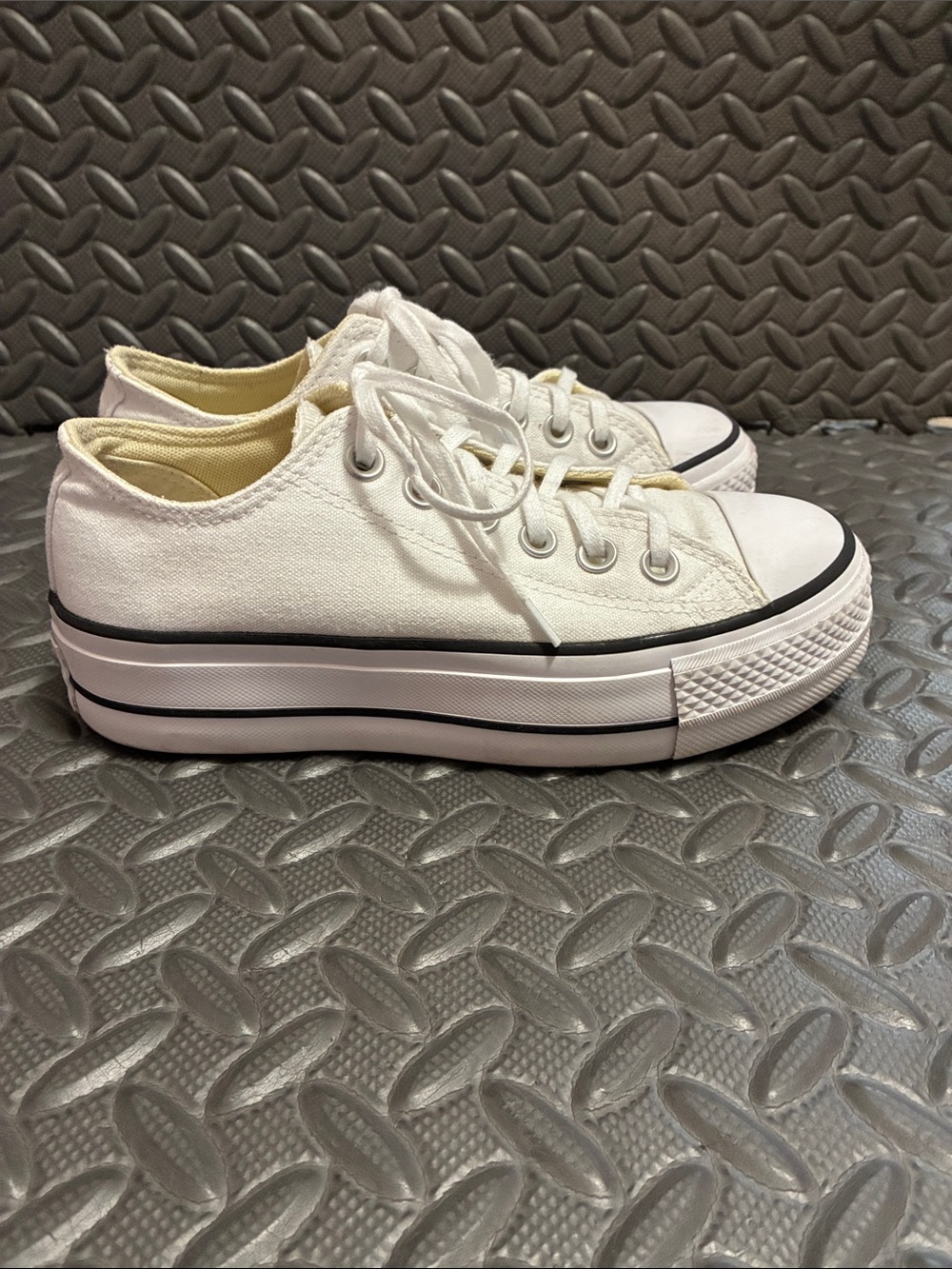 Women’s Converse Platform White Canvas Low-Top Sneakers with Black Trim - Picture 3 of 6